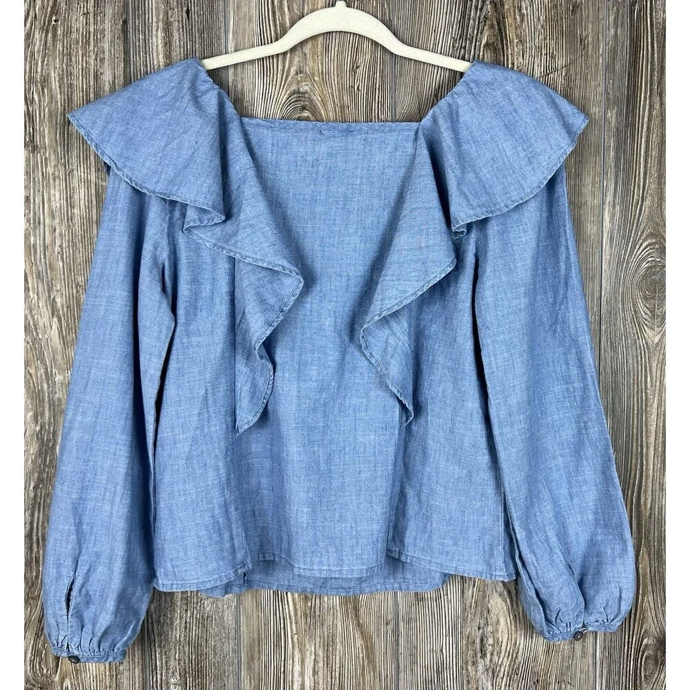 J. Crew Chambray Ruffle Square Neck Blouse XS Beach Coastal Romantic Cottagecore